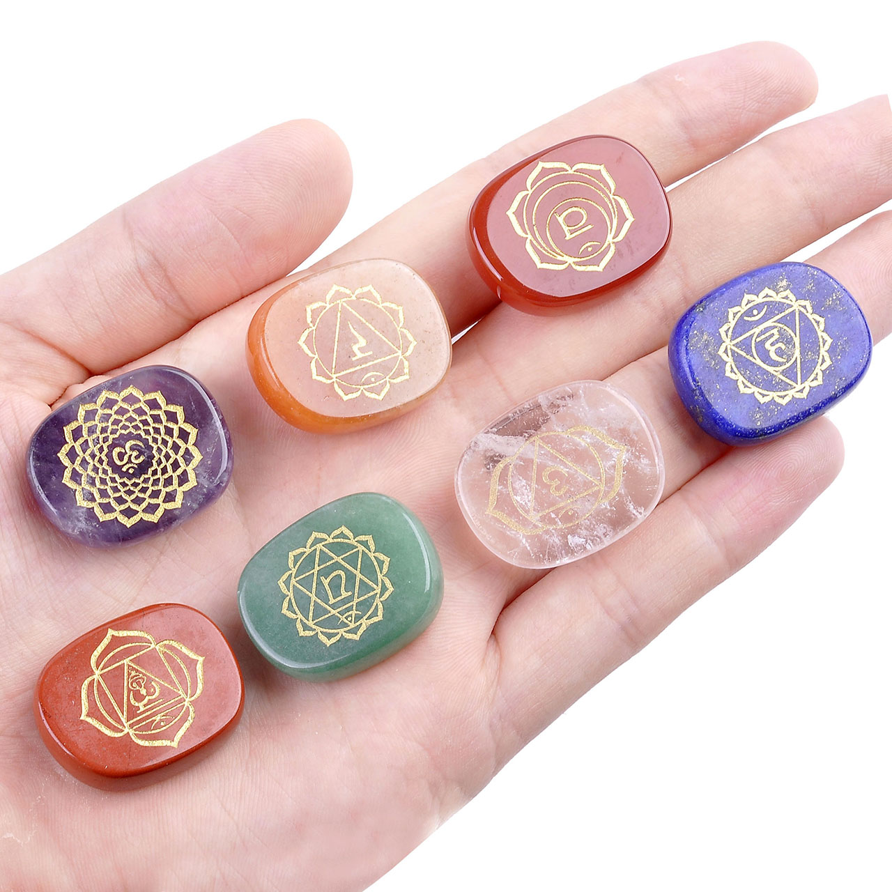 CrystalTears Reiki 7 Chakra Gemstone Engraved Chakra Symbol Holistic Balancing Polished Palm Stone Set of 7