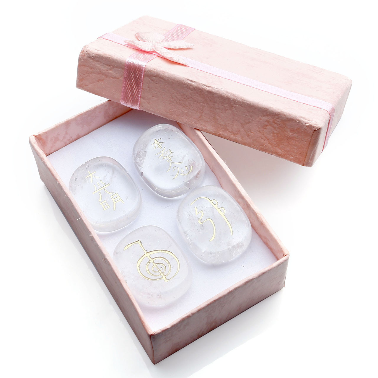 CrystalTears 4pcs/Set Clear Quartz Engraved Usui Reiki Symbols Chakra Stones Healing Palm Stone Decoration w/Box