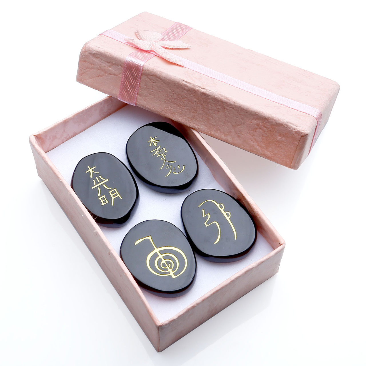 CrystalTears Black Agate Engraved Usui Reiki Symbols Chakra Stones Healing Palm Stone Decoration w/Box 4pcs