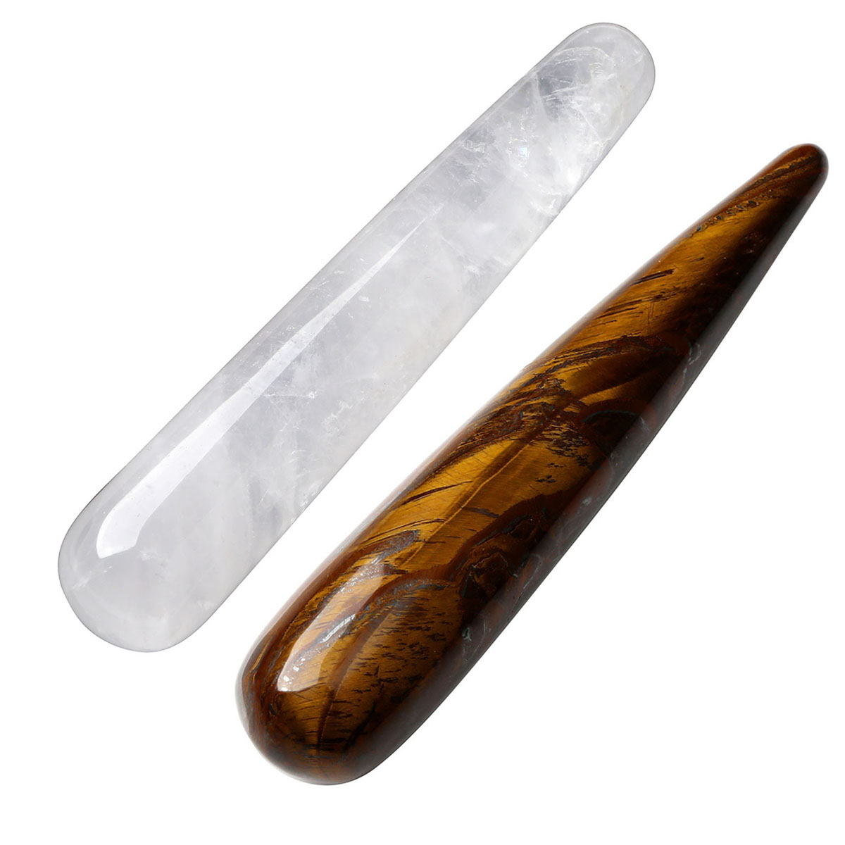 CrystalTears 2pcs Handmade Crystal Massage Tool Gua Sha Scraping Wand for Acupuncture Therapy Pointed Stick Tretament,Spa, Meditation-Rock Quartz + Tiger's Eye Gemstone